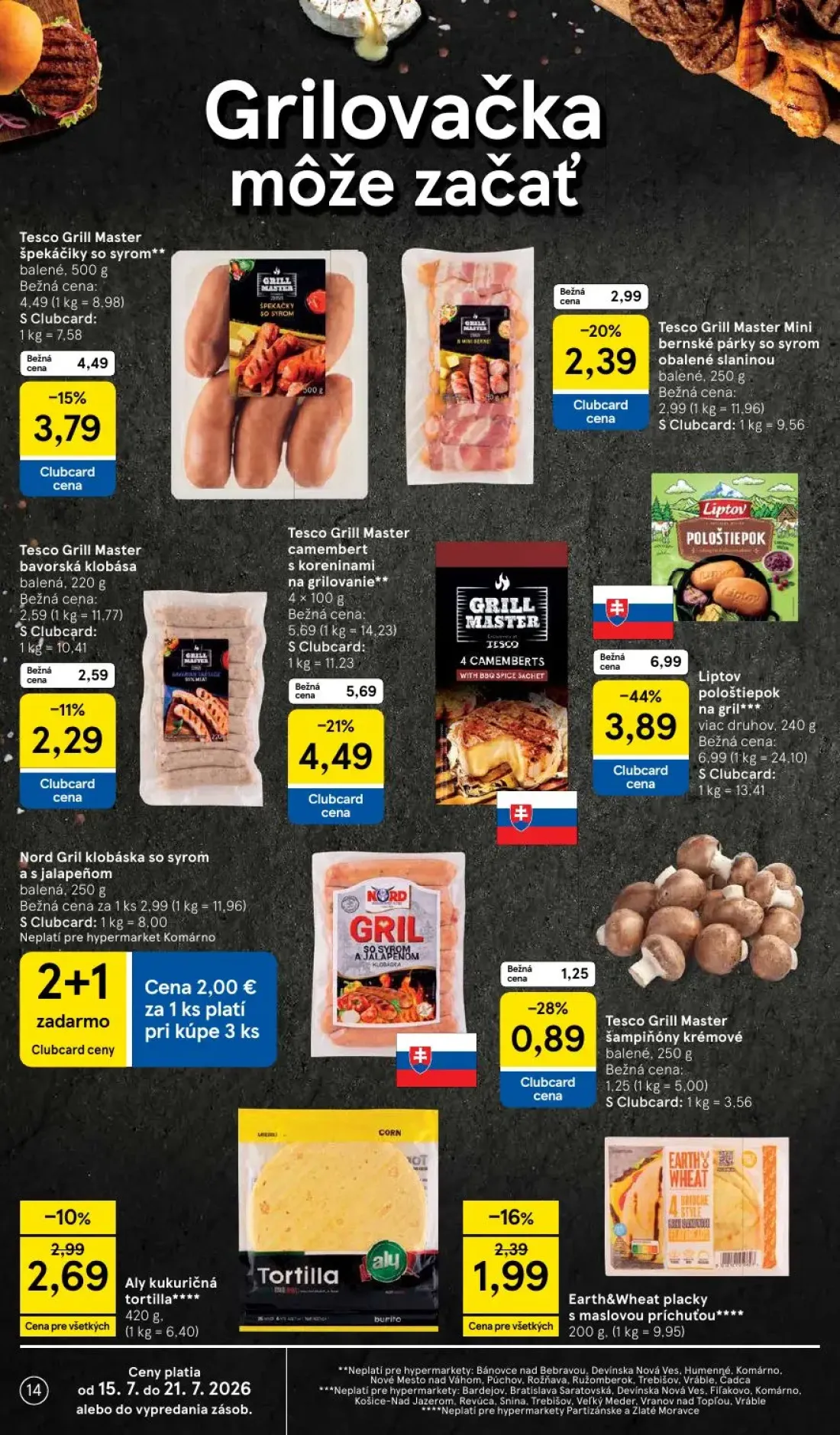 Tesco leták, strana 14 z 52 — Liptov pološtiepok na gril, Tesco Grill Master camembert s koreninami na grilovanie, Nord Gril…