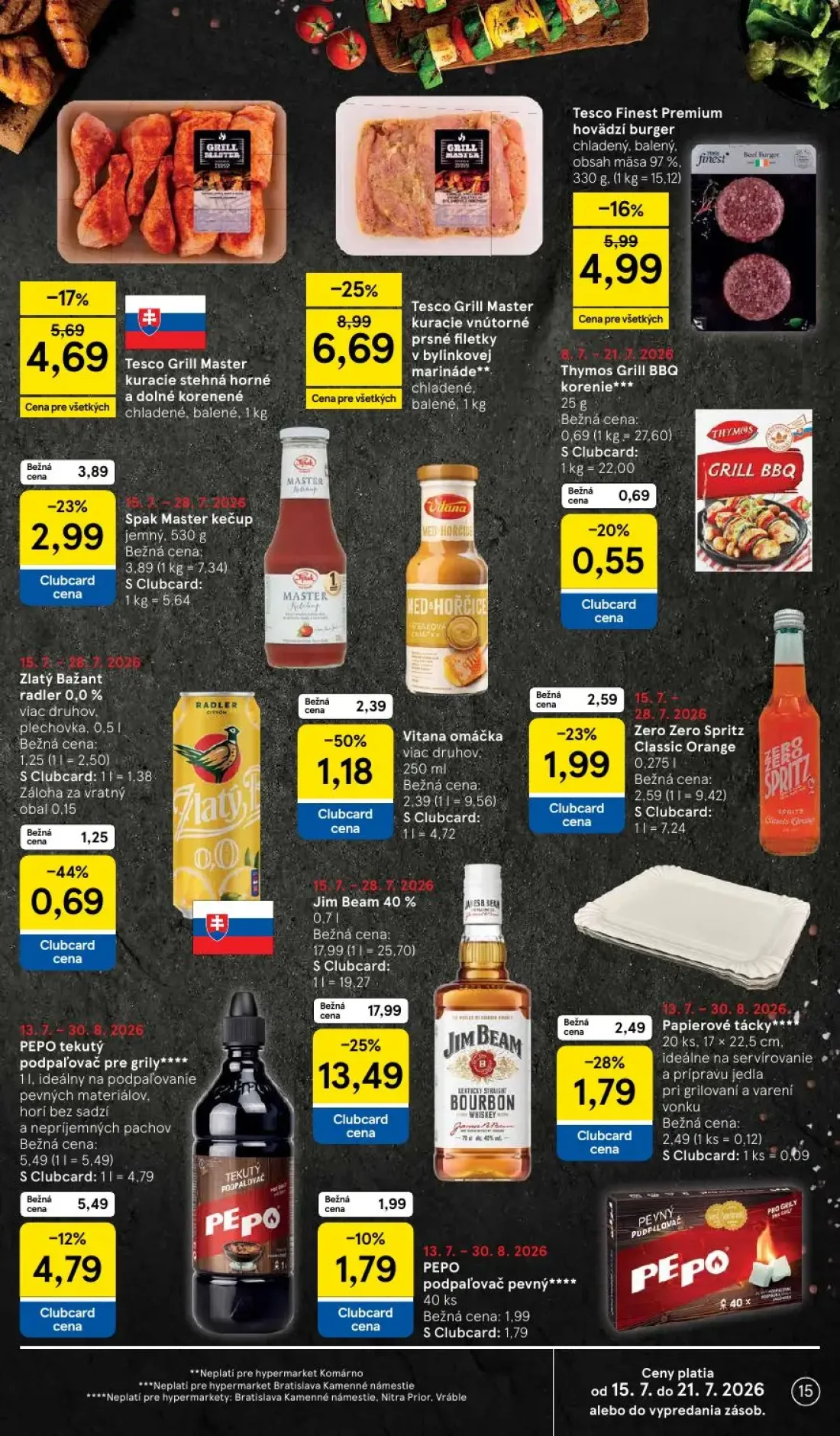 Tesco leták, strana 15 z 52 — Jim Beam 40%, PEPO tekutý podpaľovač pre grily, Tesco Grill Master kuracie vnútorné prsné file…