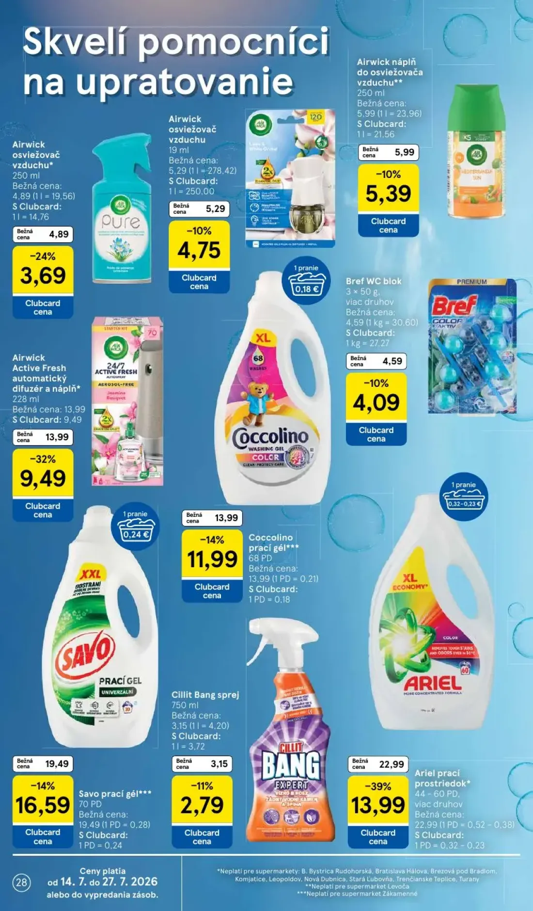 Tesco Supermarket leták, strana 28 z 33 — Ariel prací prostriedok, Airwick Active Fresh automatický difuzér a náplň, Savo pr…