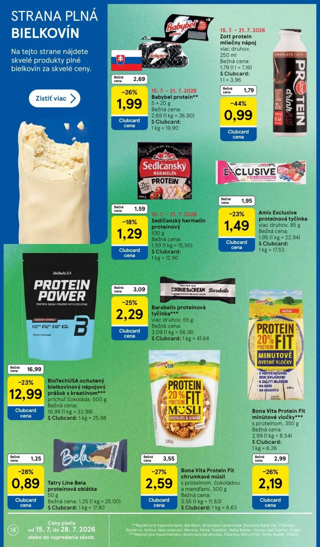 Tesco leták, strana 18 z 52 — Tatry Line Bela proteínová oblátka, Bona Vita Protein Fit chrumkavé müsli, Zott proteín mliečn…