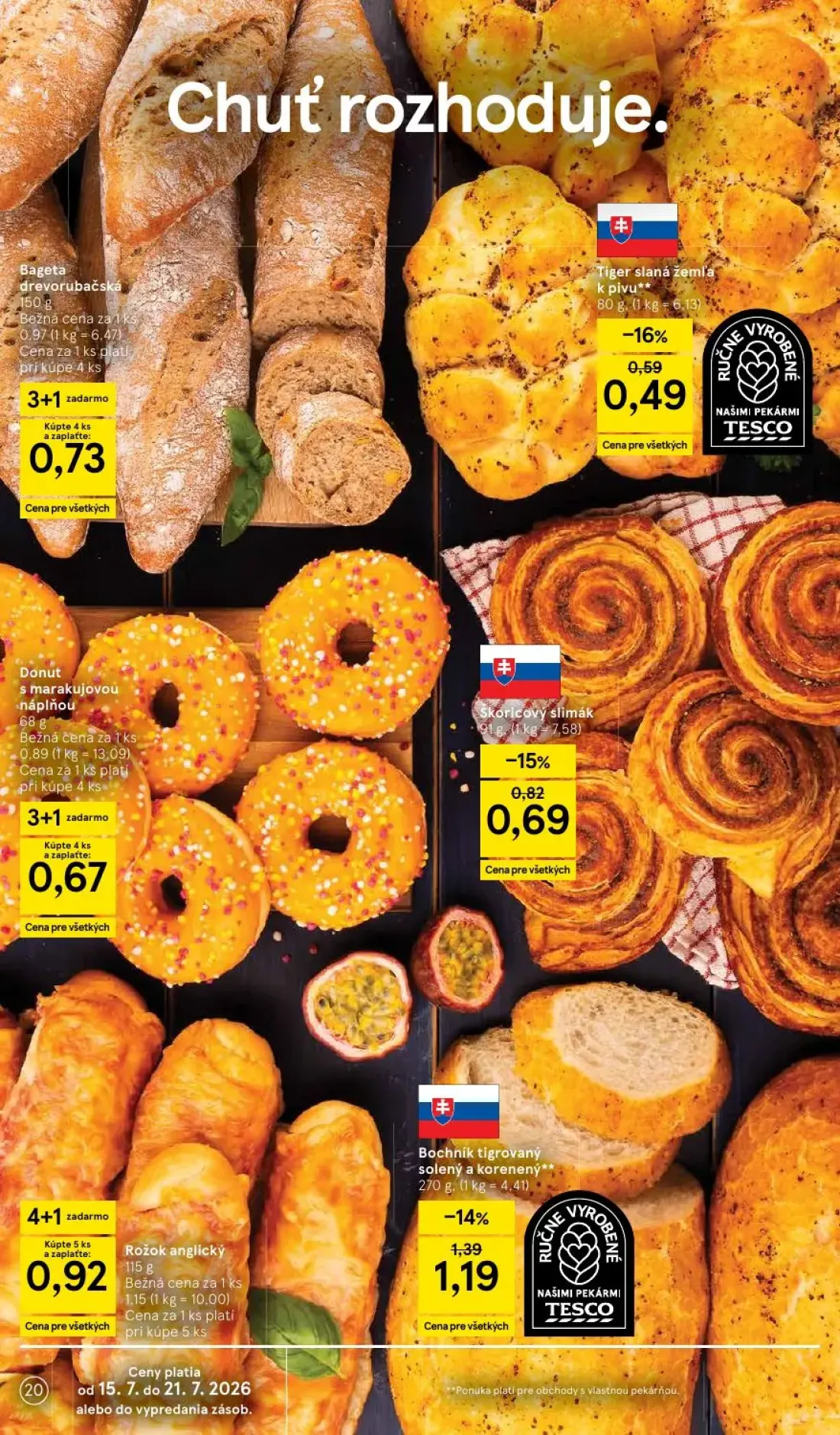 Tesco leták, strana 20 z 52 — Bageta drevorubačská, Rožok anglický, Donut s marakujovou náplňou
