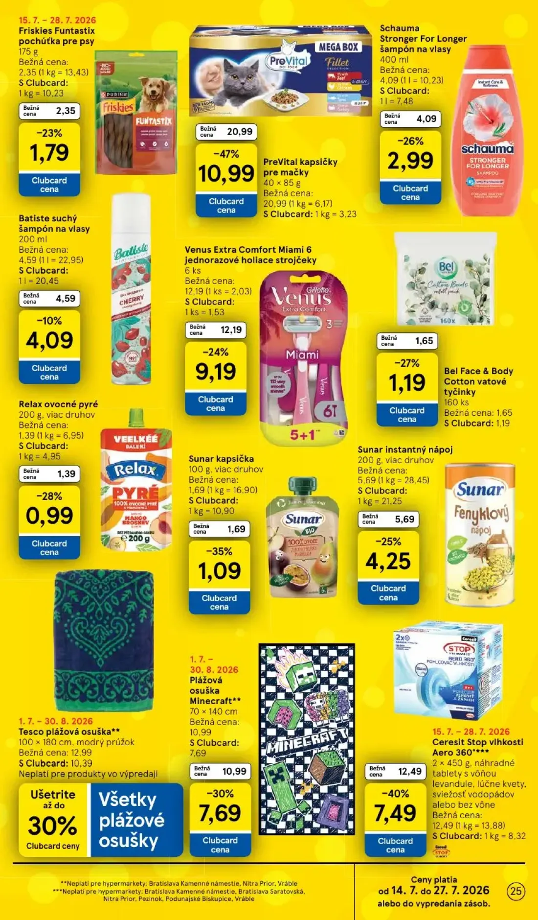 Tesco leták, strana 25 z 52 — PreVital kapsičky pre mačky, Plážová osuška Minecraft, Tesco plážová osuška