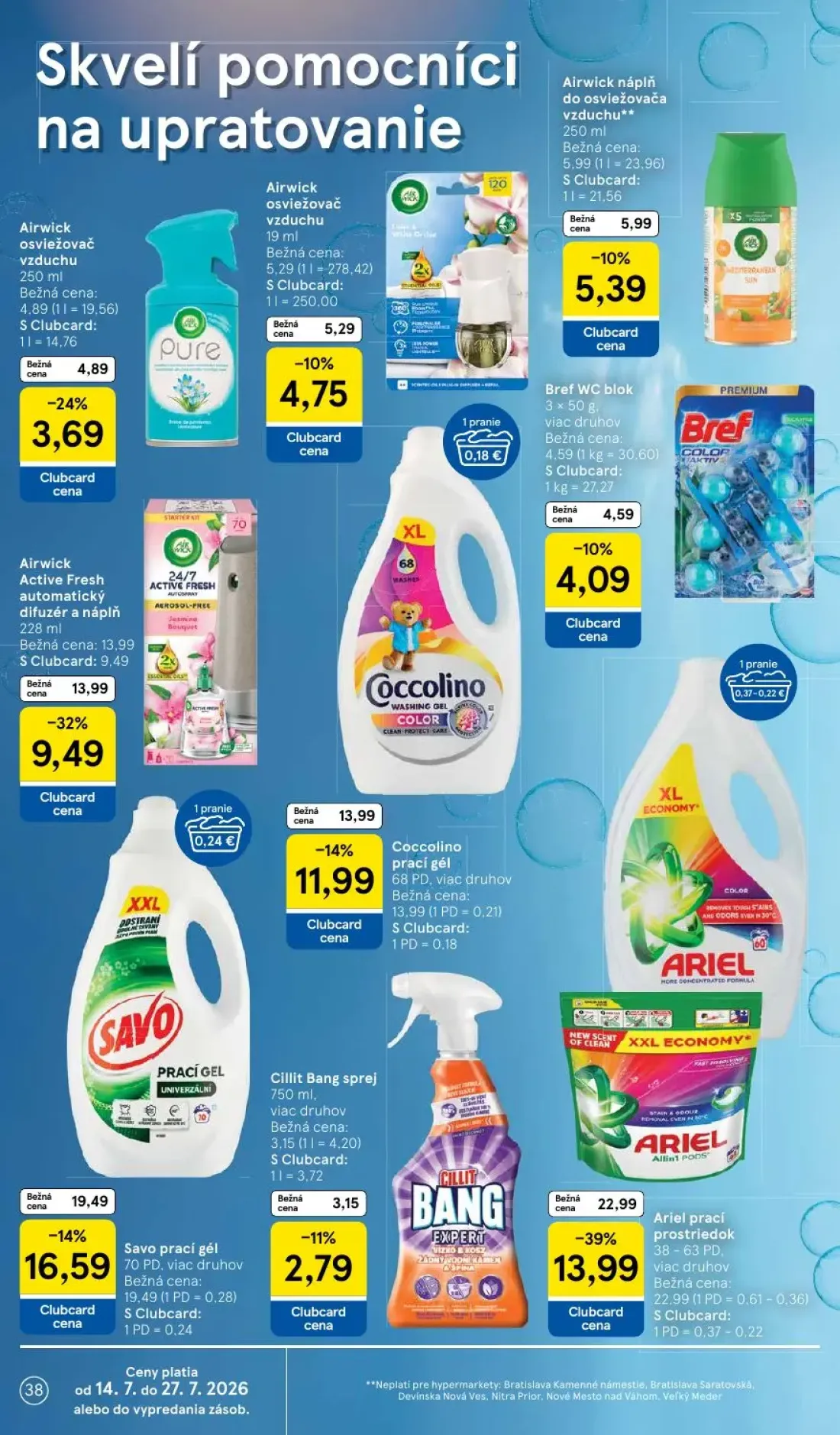 Tesco leták, strana 38 z 52 — Bref WC blok, Airwick Active Fresh automatický difuzér a náplň, Ariel prací prostriedok