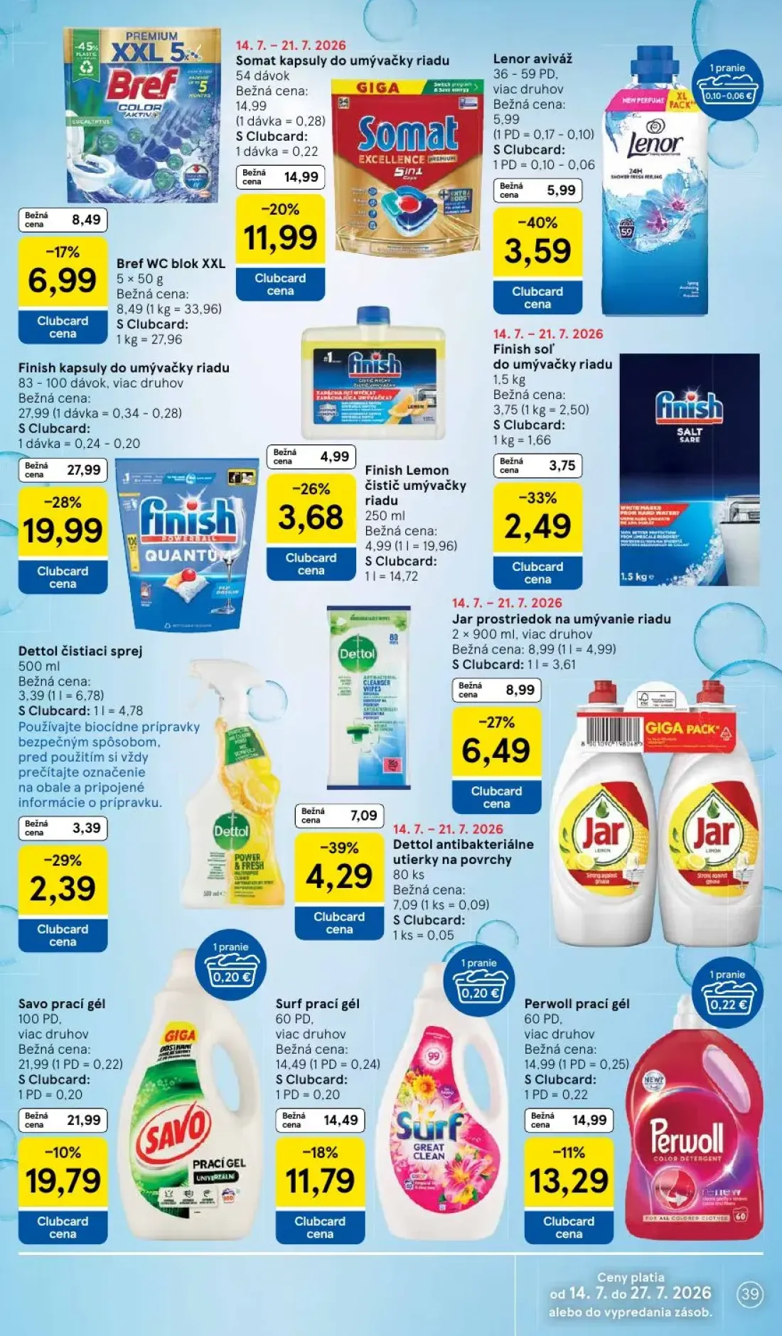 Tesco leták, strana 39 z 52 — Finish kapsuly do umývačky riadu, Somat kapsuly do umývačky riadu, Dettol antibakteriálne utie…