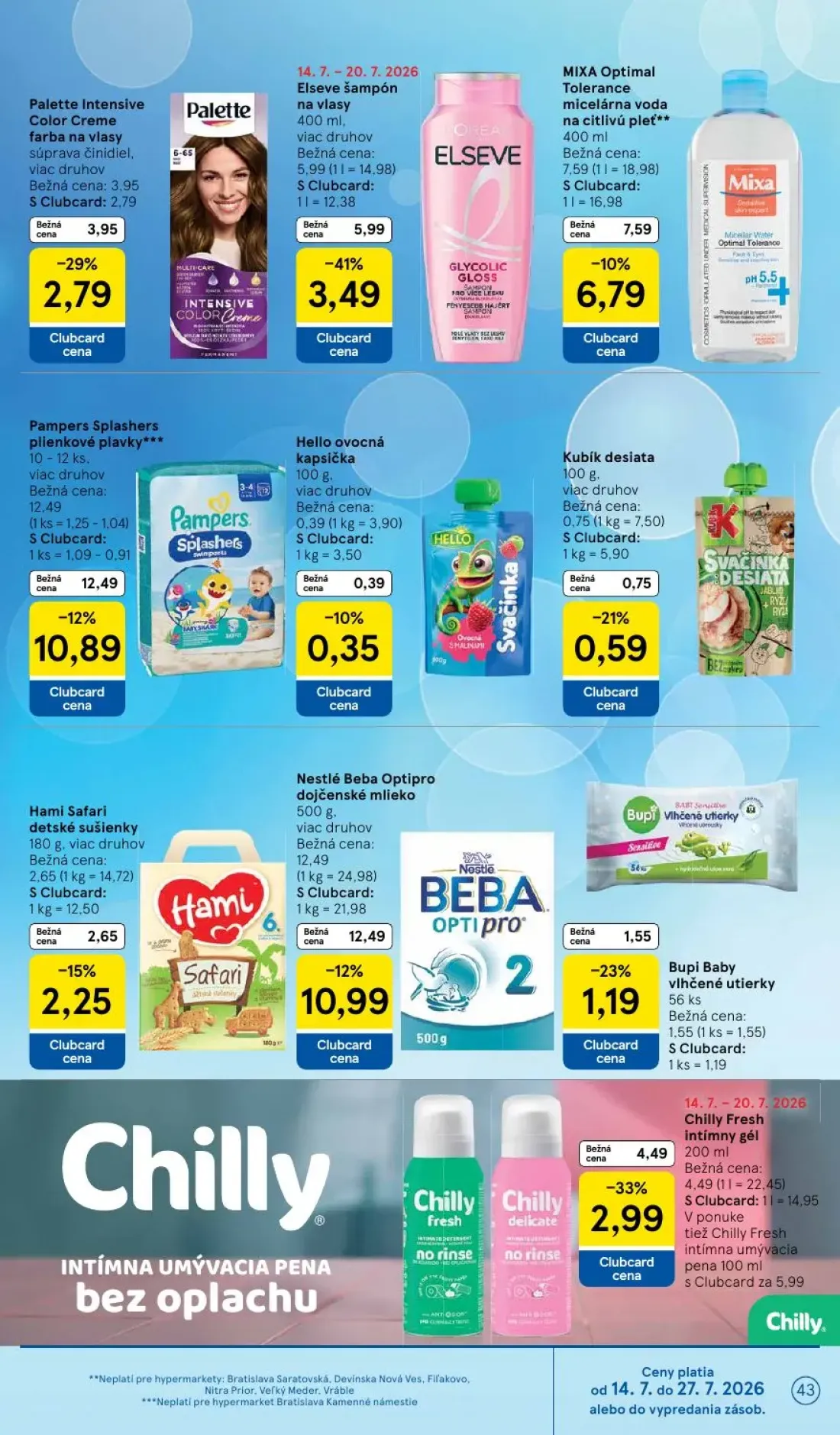 Tesco leták, strana 43 z 52 — Pampers Splashers plienkové plavky, Nestlé Beba Optipro dojčenské mlieko, Hami Safari detské s…