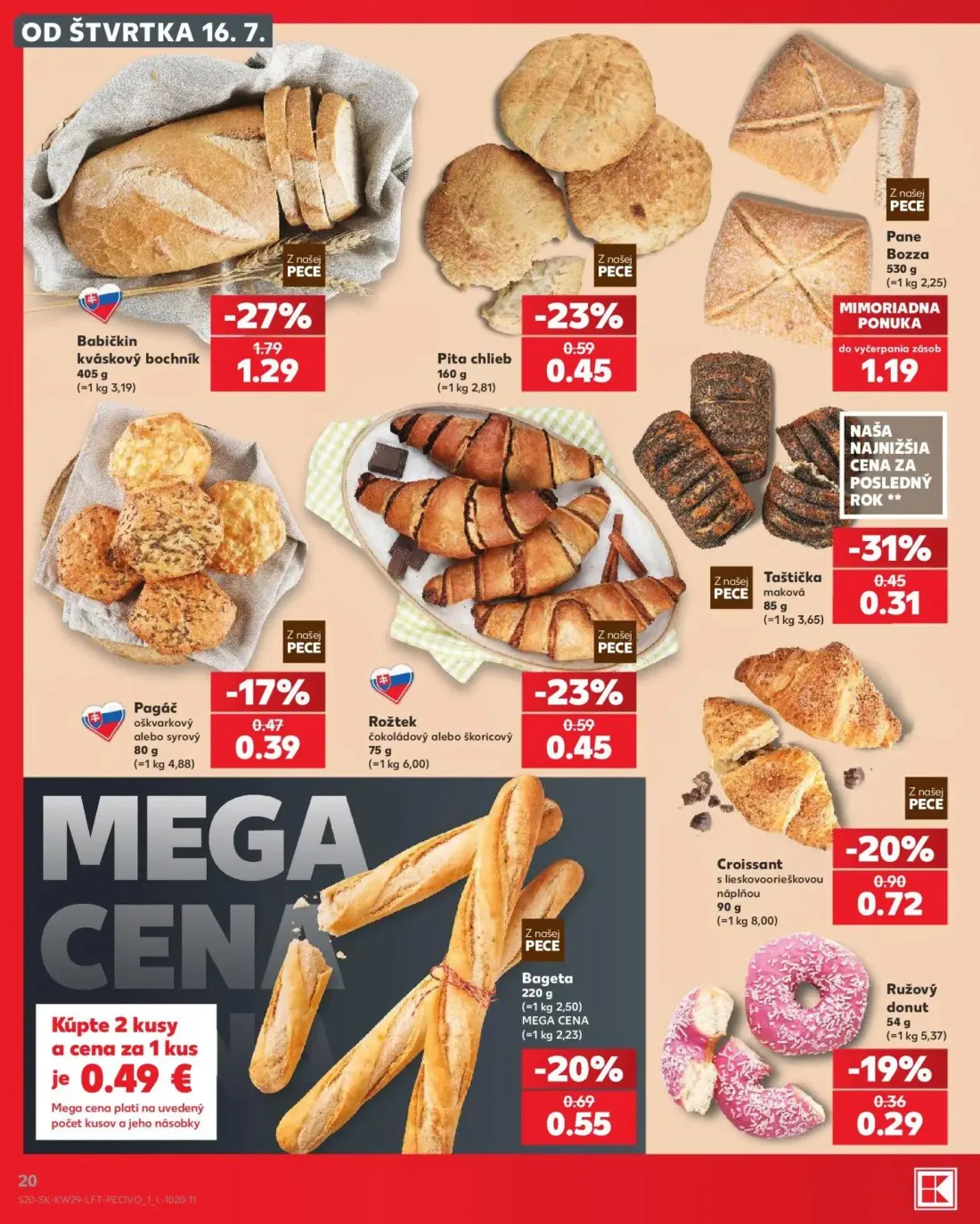 Kaufland leták, strana 20 z 86 — Babičkin kváskový bochník, Croissant s lieskovoorieškovou náplňou, Pita chlieb