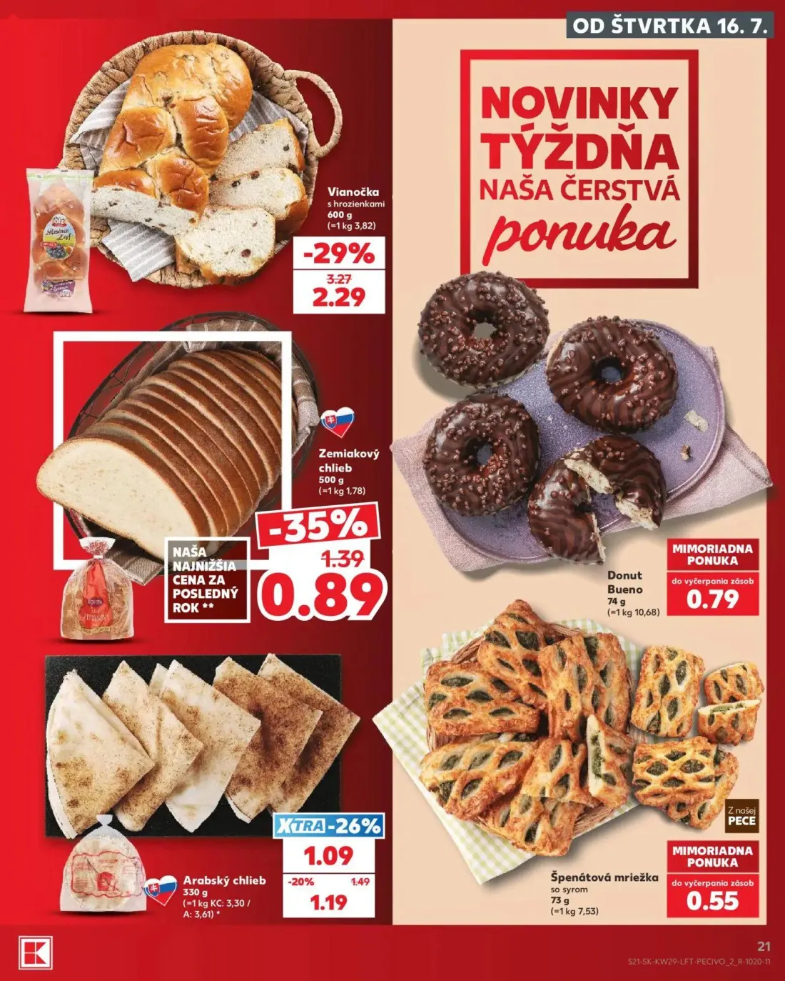 Kaufland leták, strana 21 z 86 — Vianočka s hrozienkami, Zemiakový chlieb, Arabský chlieb