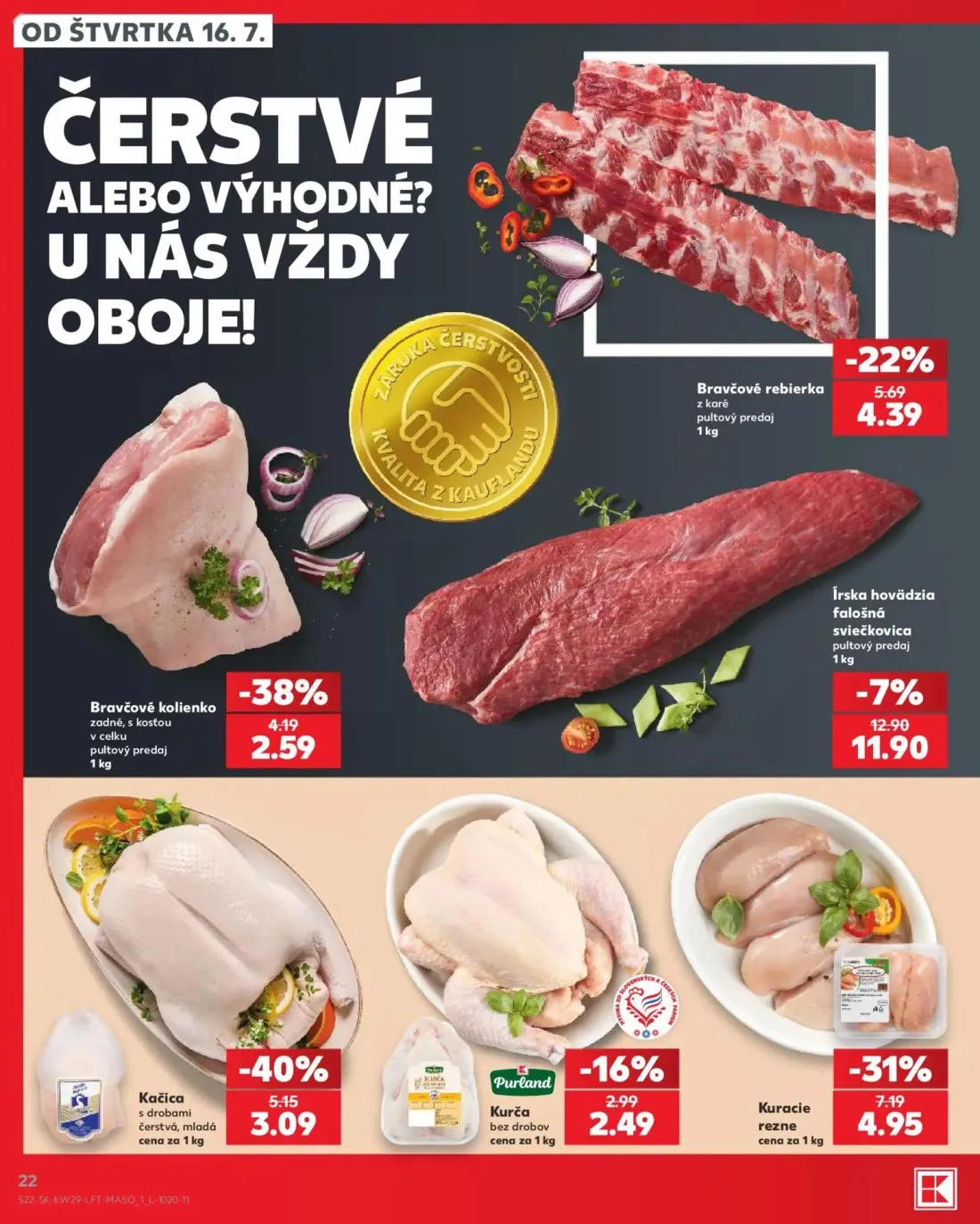 Kaufland leták, strana 22 z 86 — Bravčové kolienko zadné, s kosťou v celku, Bravčové rebierka z karé, Írska hovädzia falošná…