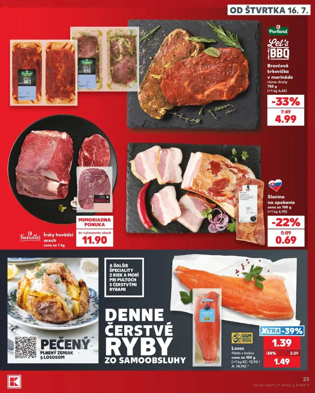 Kaufland leták, strana 23 z 86 — Bravčová krkovička v marináde, Slanina na opekanie, Írsky hovädzí orech