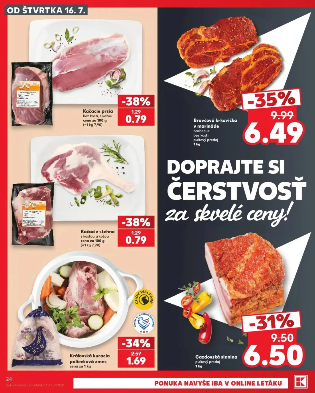 Kaufland leták, strana 24 z 86 — Bravčová krkovička v marináde, Gazdovská slanina, Kačacie prsia