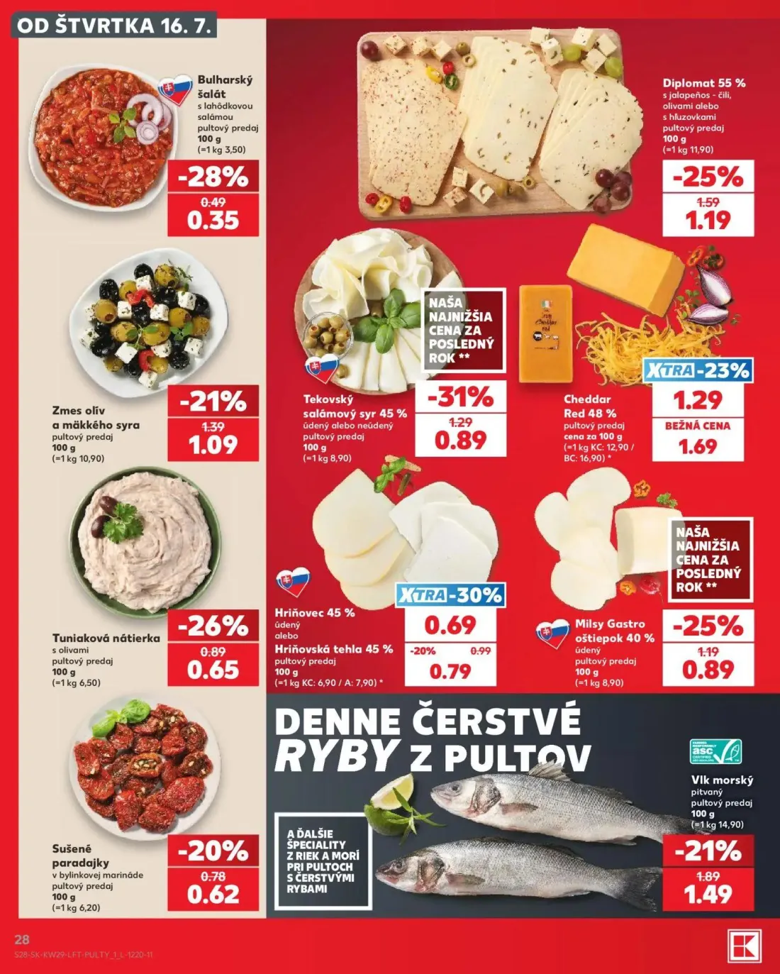 Kaufland leták, strana 28 z 86 — Diplomat 55%, Tekovský salámový syr 45%, Cheddar Red 48%