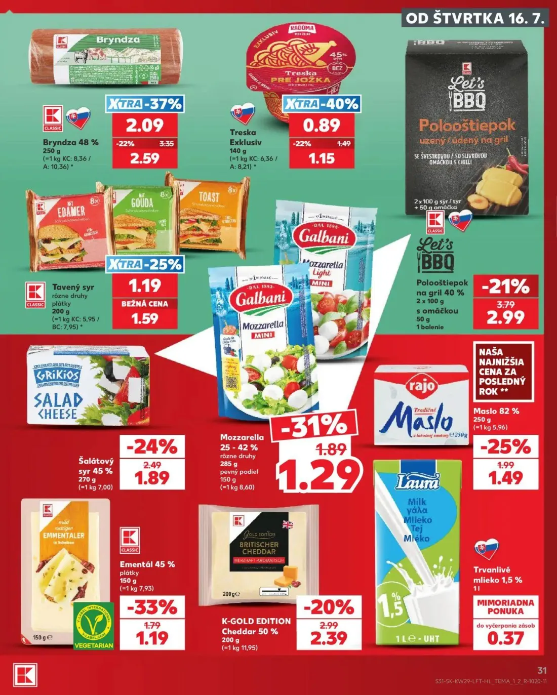 Kaufland leták, strana 31 z 86 — Bryndza 48%, Pološtiepok na gril 40%, Šalátový syr 45%