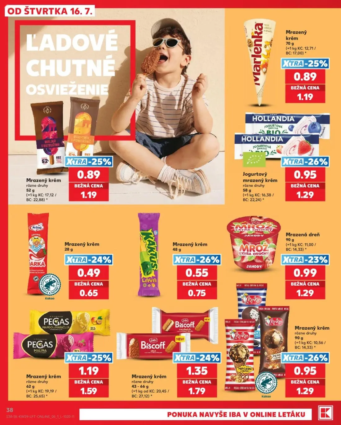 Kaufland leták, strana 38 z 86 — Mrazený krém Biscoff rôzne druhy, Mrazený krém PEGAS rôzne druhy, Jogurtový mrazený krém rô…