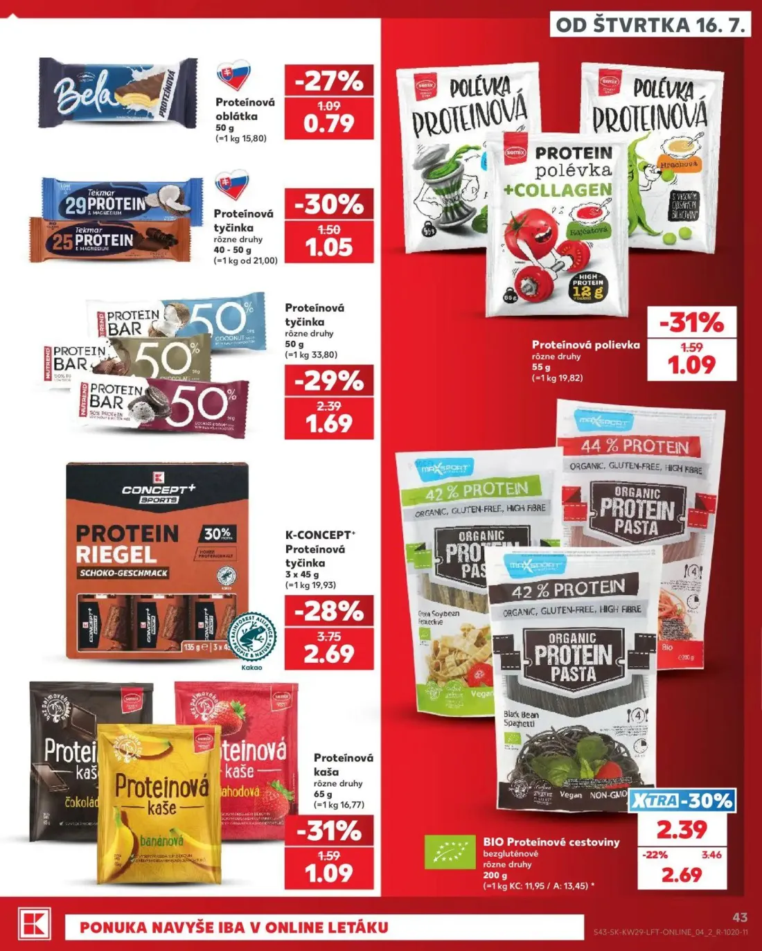 Kaufland leták, strana 43 z 86 — BIO Proteínové cestoviny bezgluténové, K-CONCEPT+ Proteínová tyčinka, Proteínová tyčinka