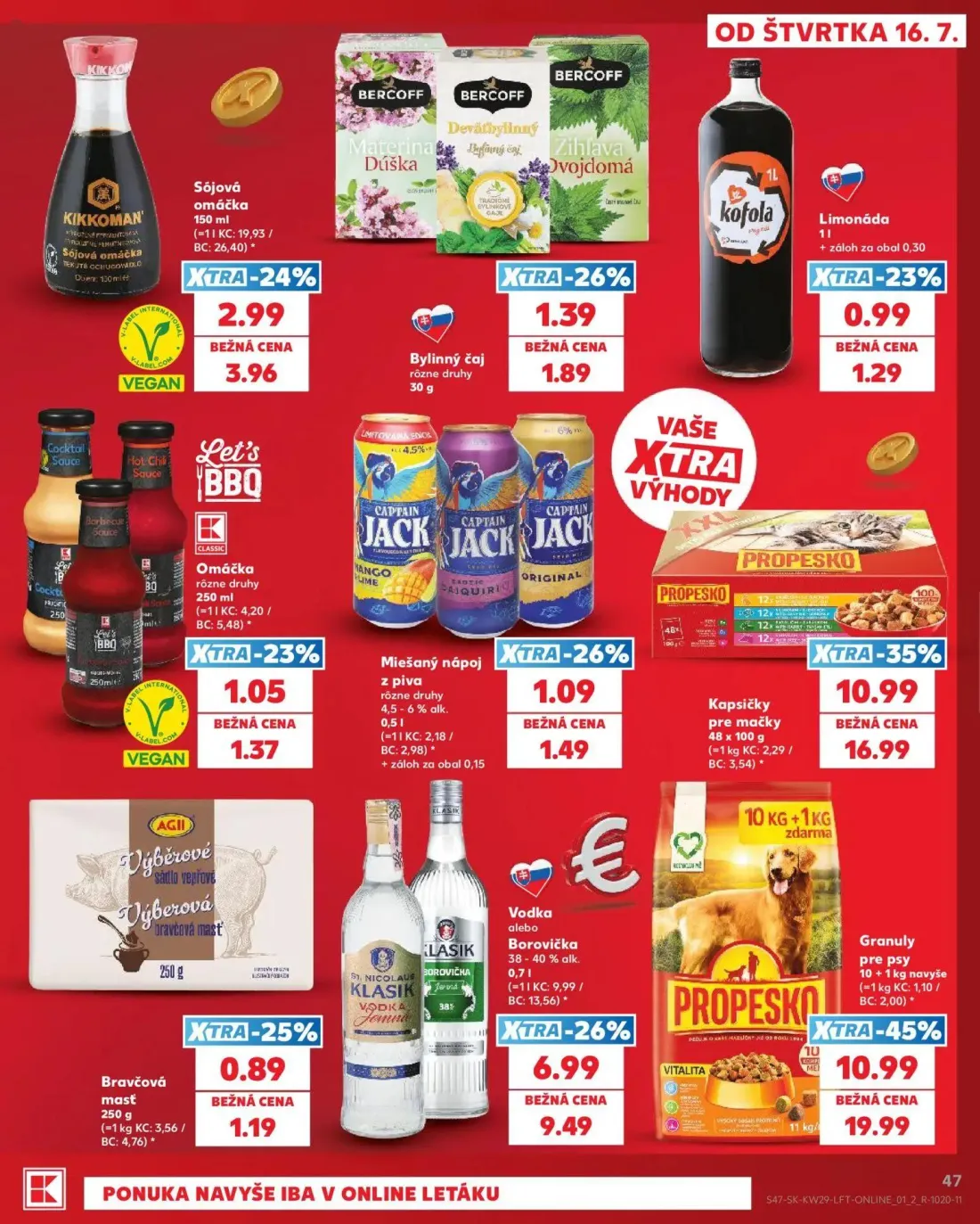 Kaufland leták, strana 47 z 86 — Vodka alebo Borovička Klasik, Miešaný nápoj z piva Captain Jack, Limonáda Kofola