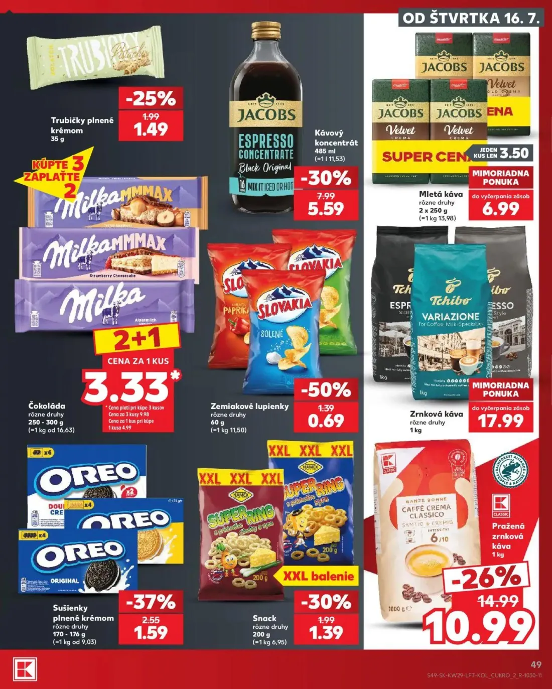 Kaufland leták, strana 49 z 86 — Sušienky plnené krémom Oreo, Zemiakové lupienky Slovakia, Snack SuperRing