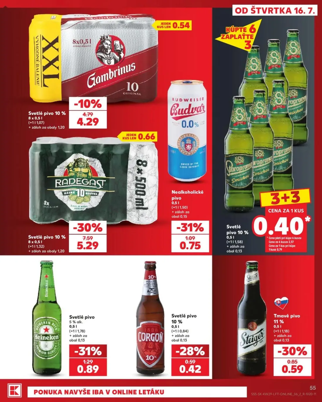 Kaufland leták, strana 55 z 86 — RADEGAST Birell, Gambrinus 10 ORIGINAL, Heineken