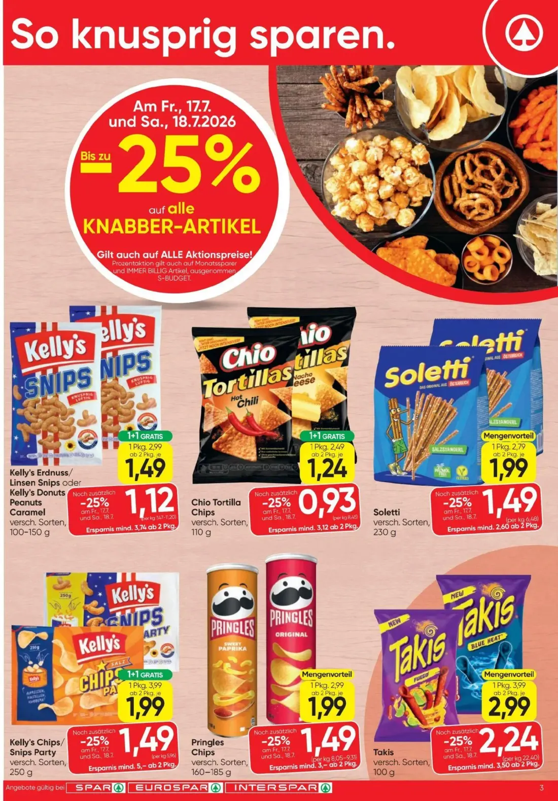 Spar Prospekt, Seite 3 von 20 — Kelly's Chips/ Snips Party, Kelly's Erdnuss/ Linsen Snips oder Kelly's Donuts Peanuts Carame…