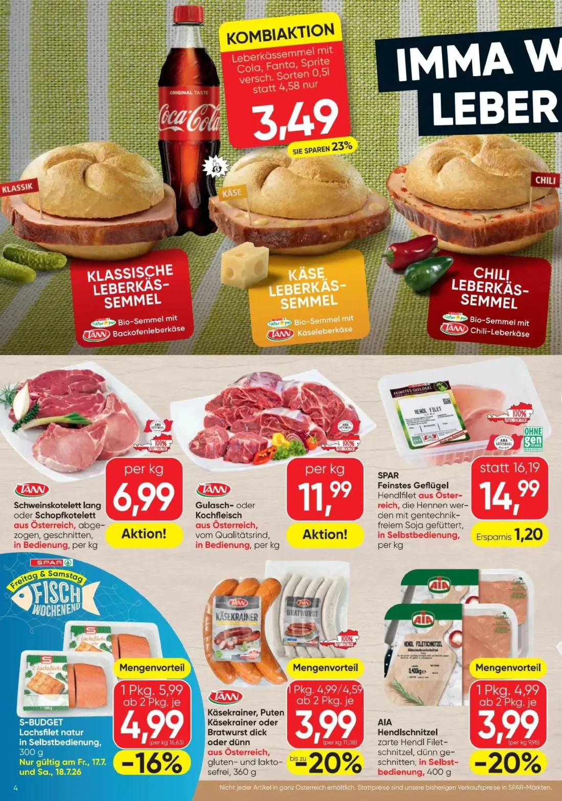 Spar Prospekt, Seite 4 von 20 — SPAR Feinstes Geflügel Hendifilet, Leberkässemmel mit Cola, Fanta, Sprite, S-BUDGET Lachsfil…