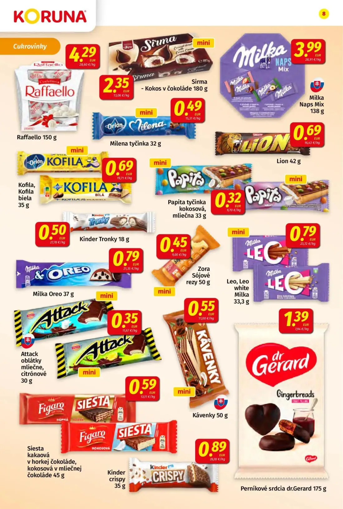 Koruna leták, strana 8 z 24 — Raffaello, Sirma - Kokos v čokoláde, Milka Naps Mix
