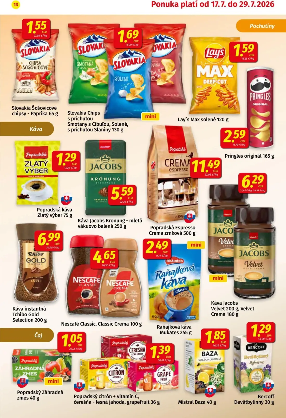 Koruna leták, strana 13 z 24 — Slovakia Šošovicové chipsy - Paprika, Slovakia Chips s príchuťou Smotany s Cibuľou, Solené, s…
