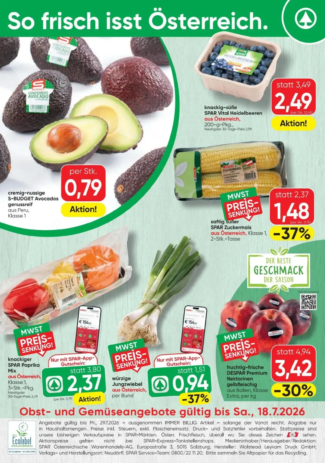 Spar Prospekt, Seite 20 von 20 — DESPAR Premium Nektarinen, SPAR Paprika Mix, SPAR Vital Heidelbeeren