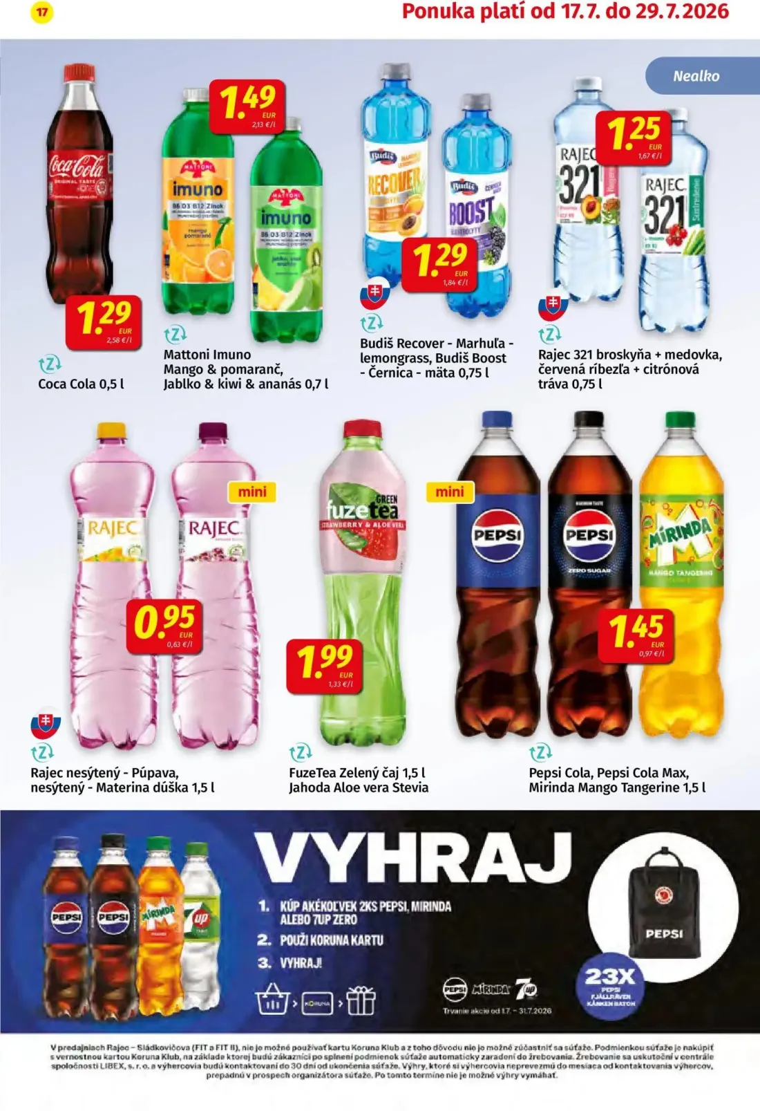 Koruna leták, strana 17 z 24 — Coca Cola, Mattoni Imuno Mango & pomaranč, Jablko & kiwi & ananás, Budiš Recover - Marhuľa - …
