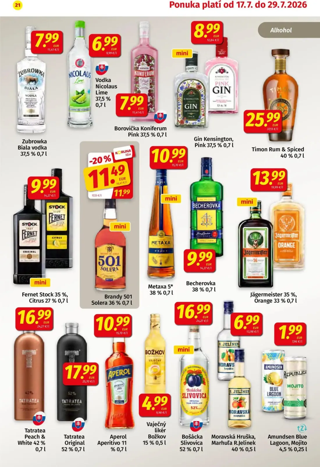 Koruna leták, strana 21 z 24 — Brandy 501 Solera, Zubrowka Biala vodka, Vodka Nicolaus Lime