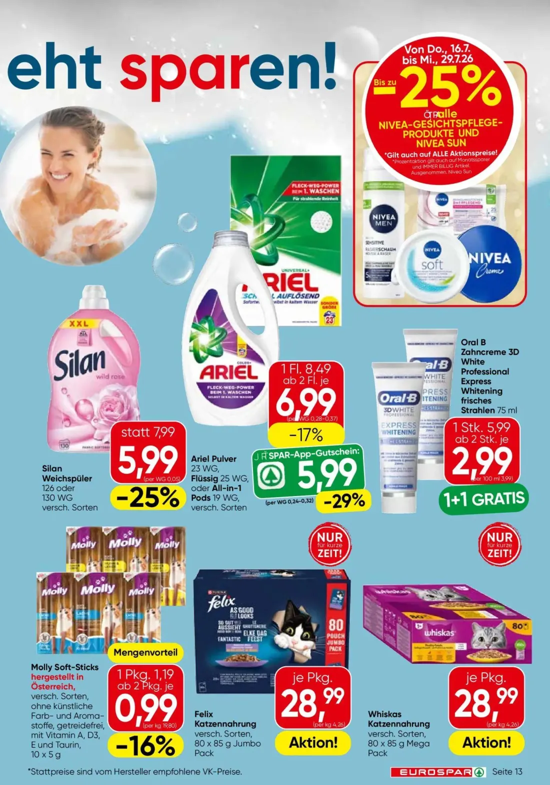 Eurospar Prospekt, Seite 13 von 16 — Oral B Zahncreme 3D White Professional Express Whitening, Ariel Pulver, Silan Weichspül…