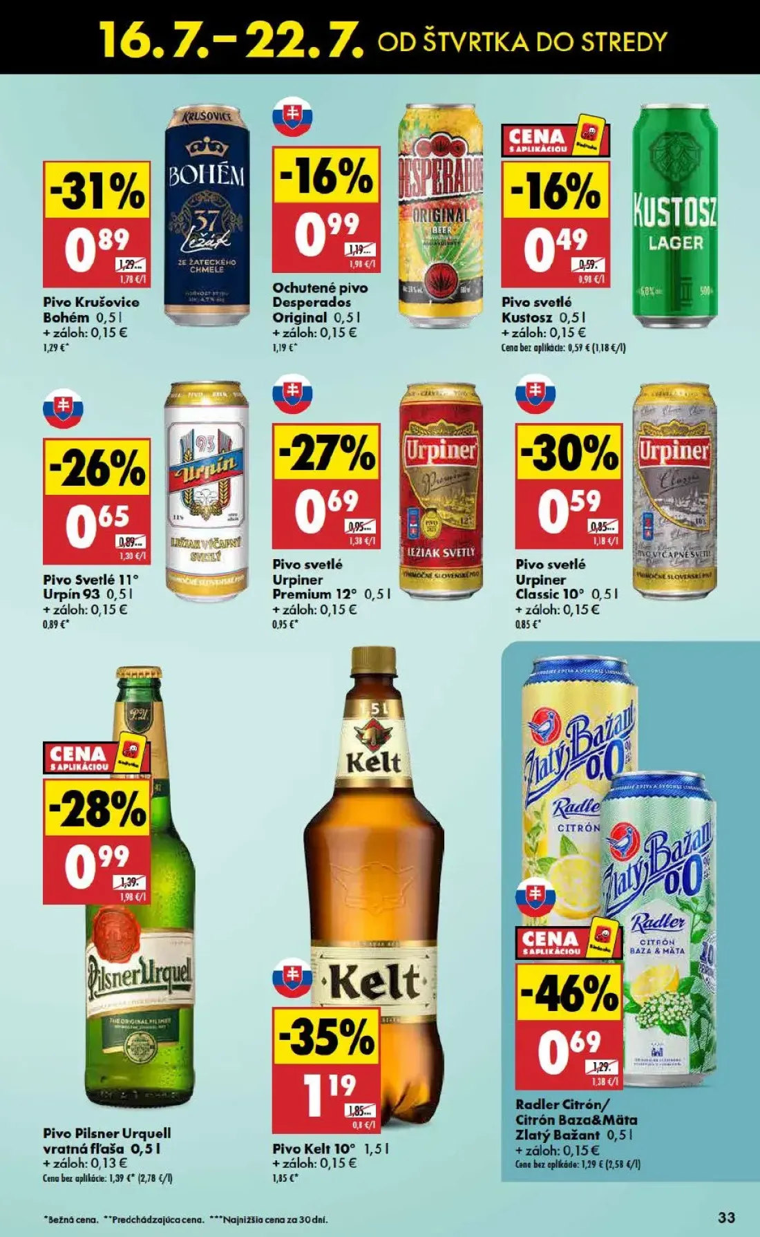 Biedronka leták, strana 33 z 48 — Pivo Kelt 10°, Radler Citrón/Citrón Baza&Mäta Zlatý Bažant, Pivo Krušovice Bohém
