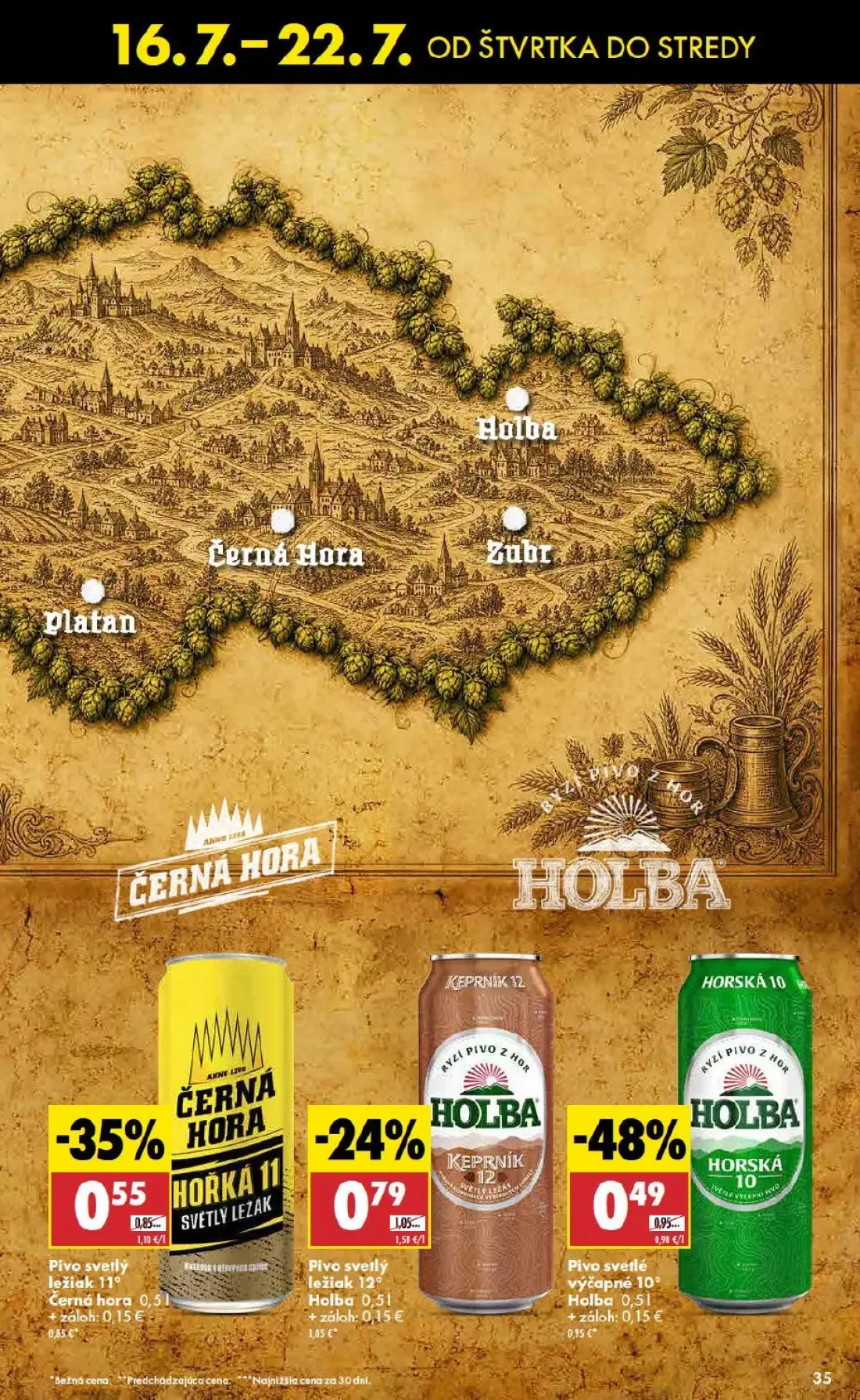 Biedronka leták, strana 35 z 48 — Pivo svetlé výčapné 10° Holba, Pivo svetlý ležiak 11° Černá hora, Pivo svetlý ležiak 12° H…