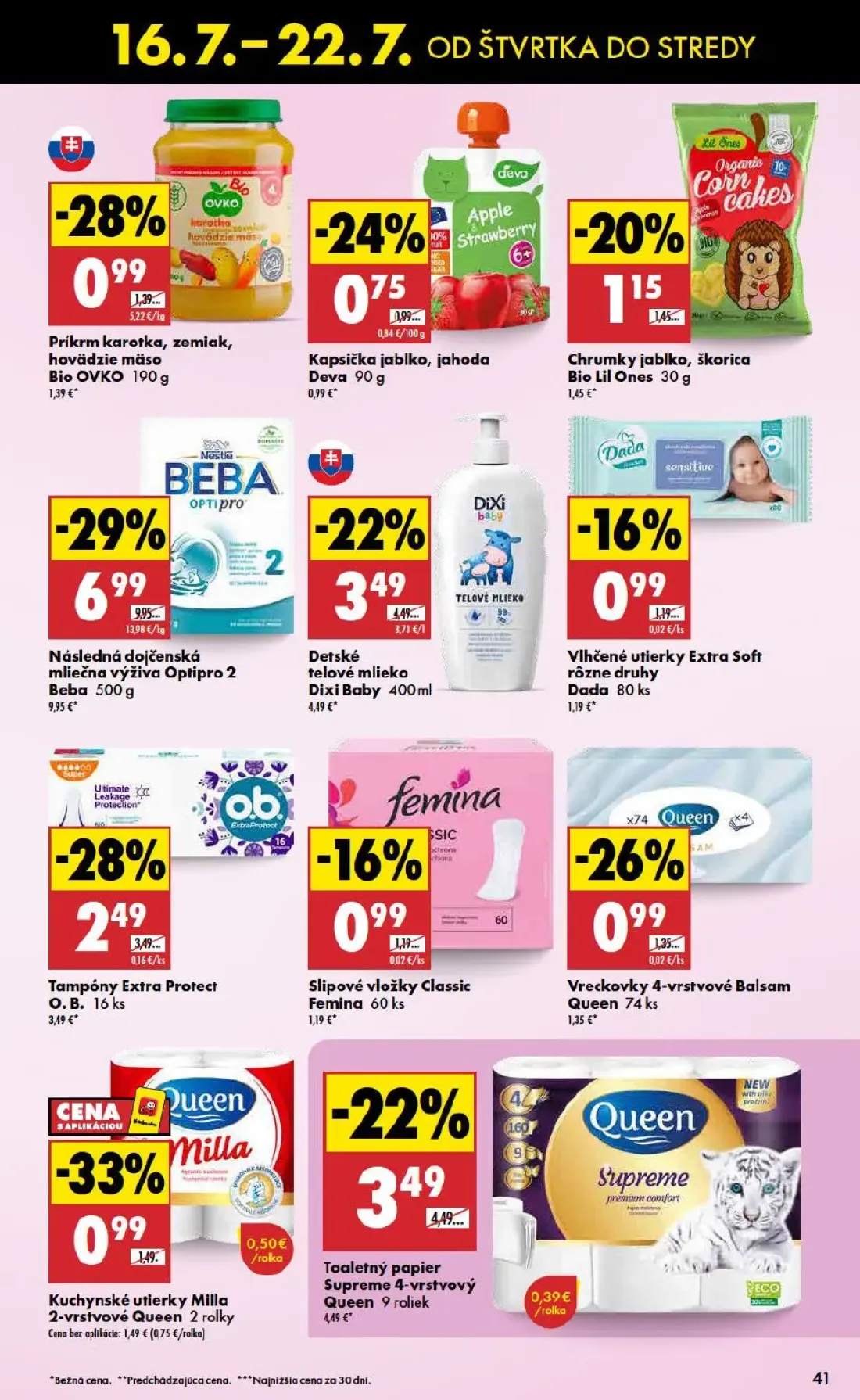 Biedronka leták, strana 41 z 48 — Detské telové mlieko Dixi Baby, Tampóny Extra Protect O. B., Toaletný papier Supreme 4-vrs…