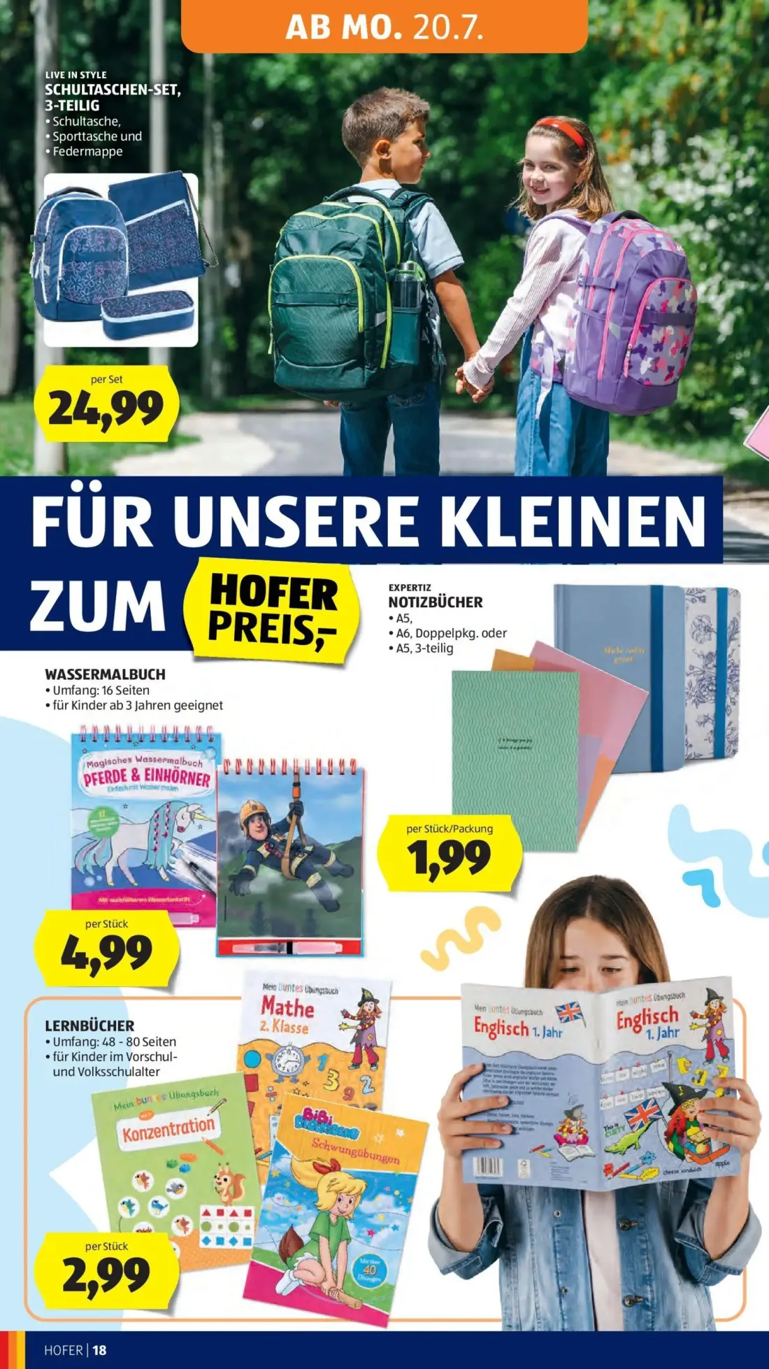Hofer Prospekt, Seite 24 von 46 — SCHULTASCHEN-SET, 3-TEILIG, WASSERMALBUCH, EXPERTIZ NOTIZBÜCHER
