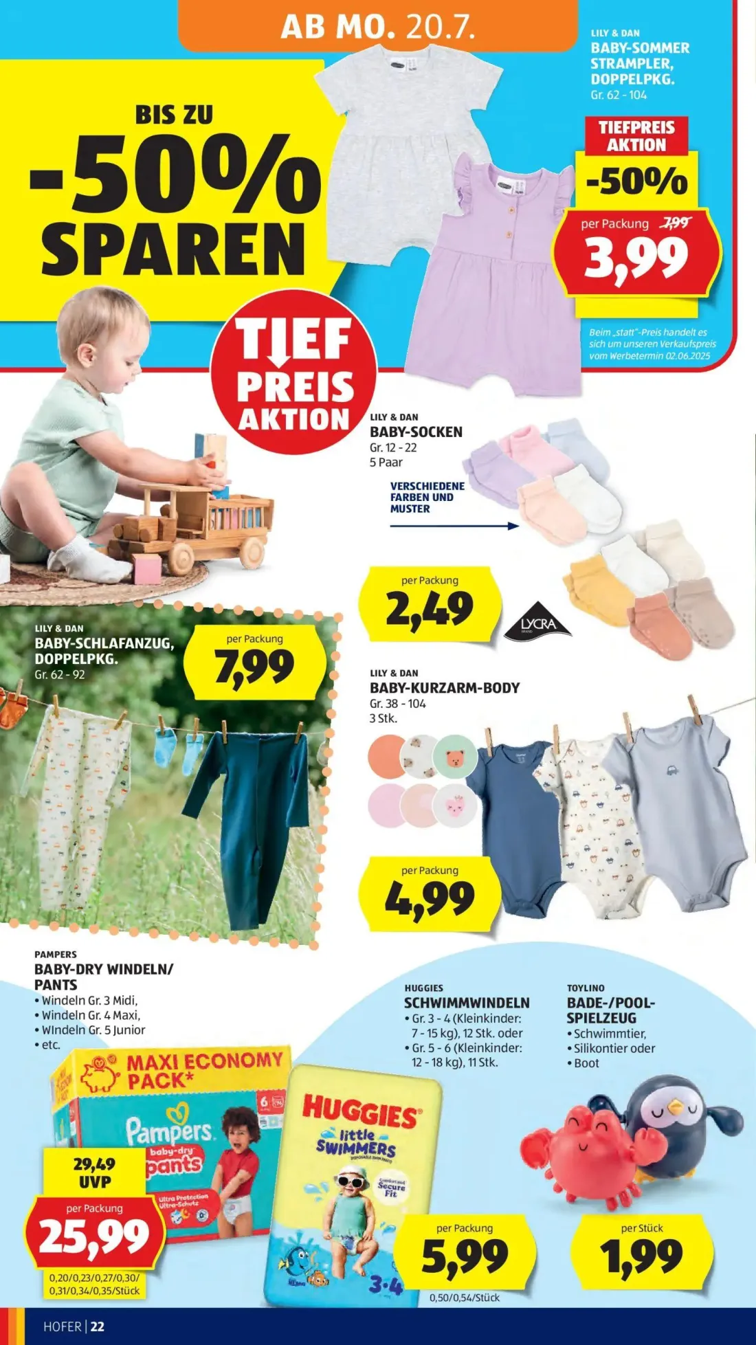Hofer Prospekt, Seite 28 von 46 — BABY-SOMMER STRAMPLER, DOPPELPKG., BABY-DRY WINDELN/PANTS, BABY-SCHLAFANZUG, DOPPELPKG.