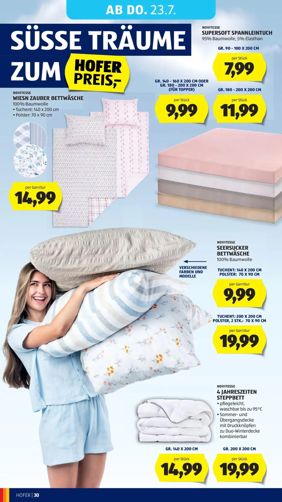 Hofer Prospekt, Seite 36 von 46 — SEERSUCKER BETTWÄSCHE, 4 JAHRESZEITEN STEPPBETT, SUPERSOFT SPANNLEINTUCH