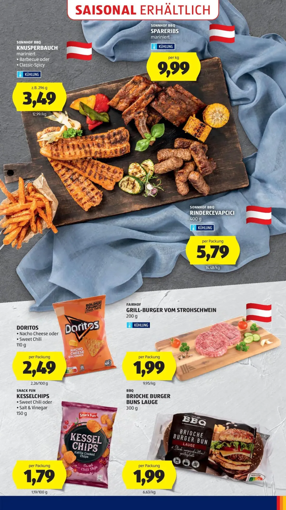 Hofer Prospekt, Seite 43 von 46 — SONNHOF BBQ KNUSPERBAUCH mariniert, SONNHOF BBQ SPARERIBS mariniert, SONNHOF BBQ RINDERCEV…