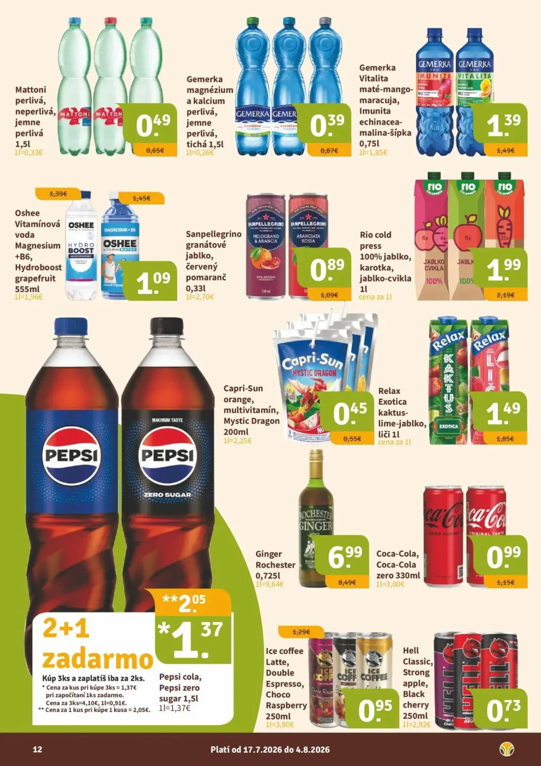 Nitrazdroj leták, strana 12 z 16 — Pepsi cola, Pepsi zero sugar, Mattoni perlivá, neperlivá, Gemerka magnézium a kalcium per…
