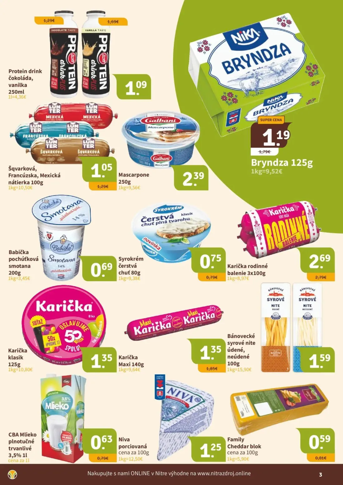 Nitrazdroj leták, strana 3 z 16 — Protein drink čokoláda, vanilka, Bryndza, Karička Maxi