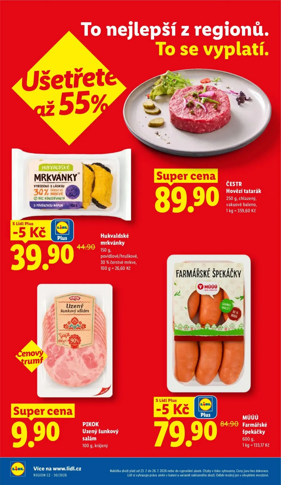 Lidl leták, strana 2 z 53 — Farmářské špekáčky, Hovězí tatarák, PIKOK Uzený šunkový salám