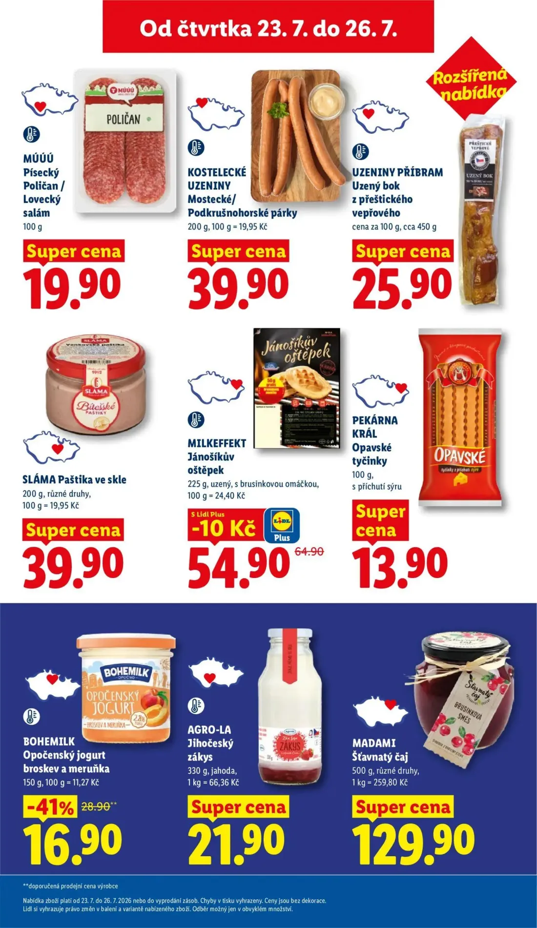 Lidl leták, strana 19 z 53 — BOHEMILK Opočenský jogurt broskev a meruňka, MILKEFFEKT Jánošíkův oštěpek, MÚÚÚ Písecký Poličan…