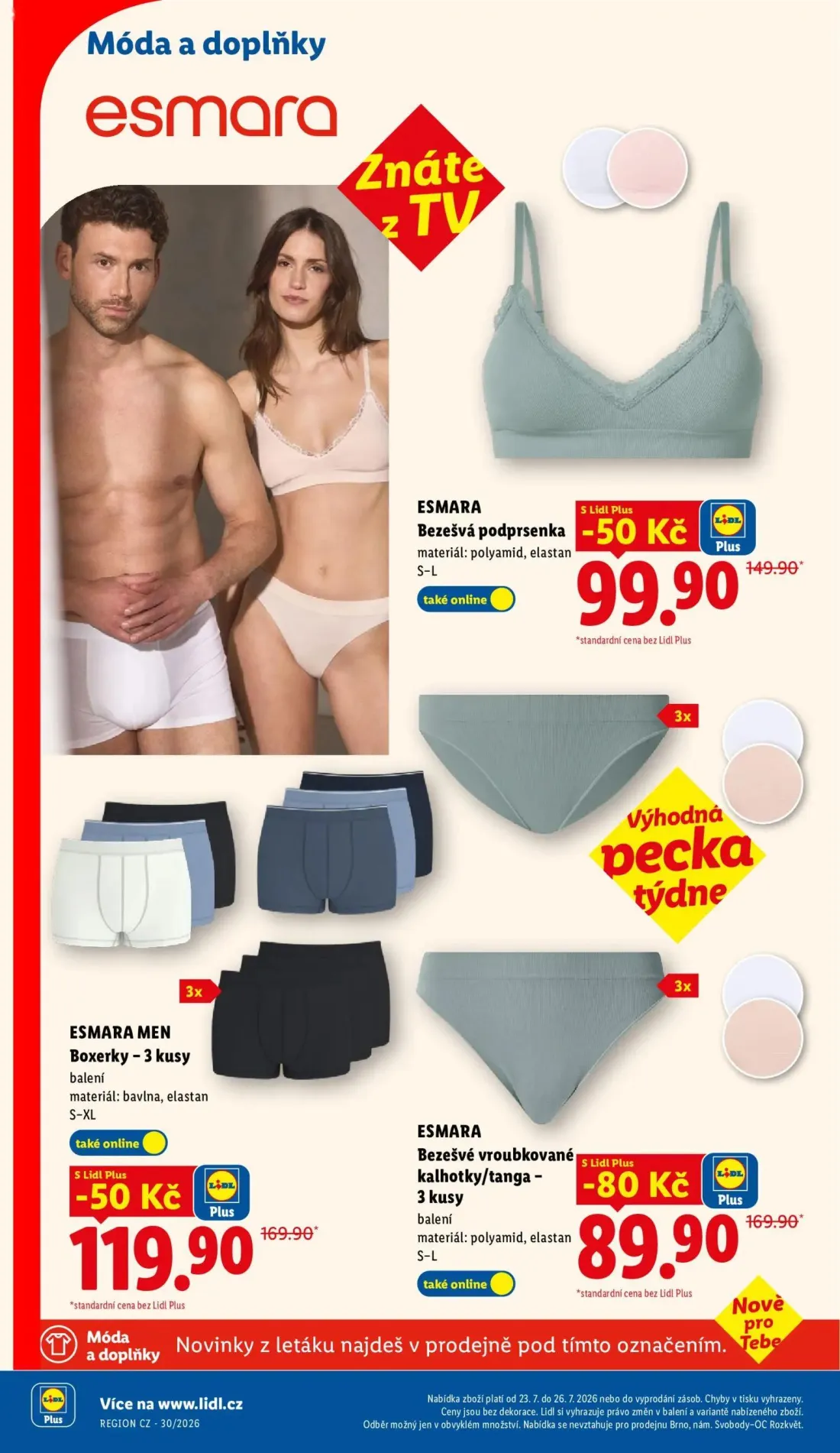 Lidl leták, strana 32 z 53 — ESMARA Bezešvé vroubkované kalhotky/tanga - 3 kusy, ESMARA Bezešvá podprsenka, ESMARA MEN Boxer…