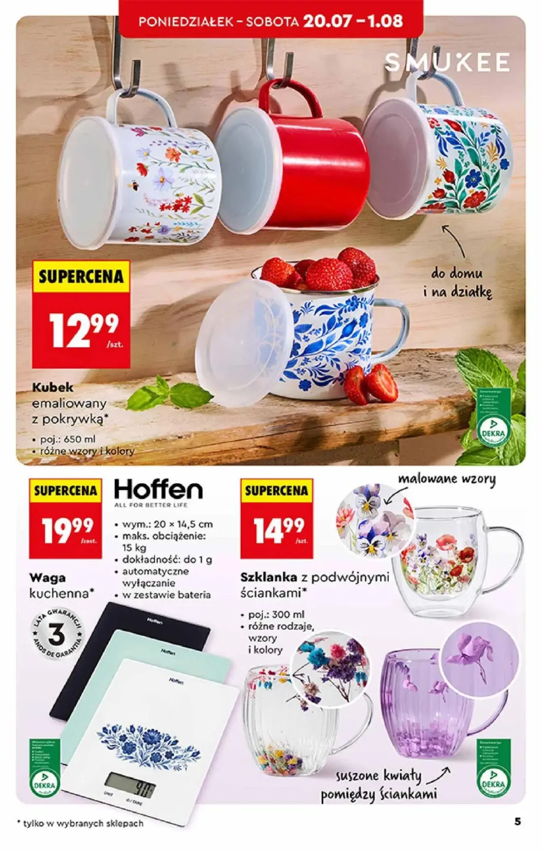 Biedronka gazetka, strona 5 z 44 — Kubek emaliowany z pokrywką, Waga kuchenna Hoffen, Szklanka z podwójnymi ściankami