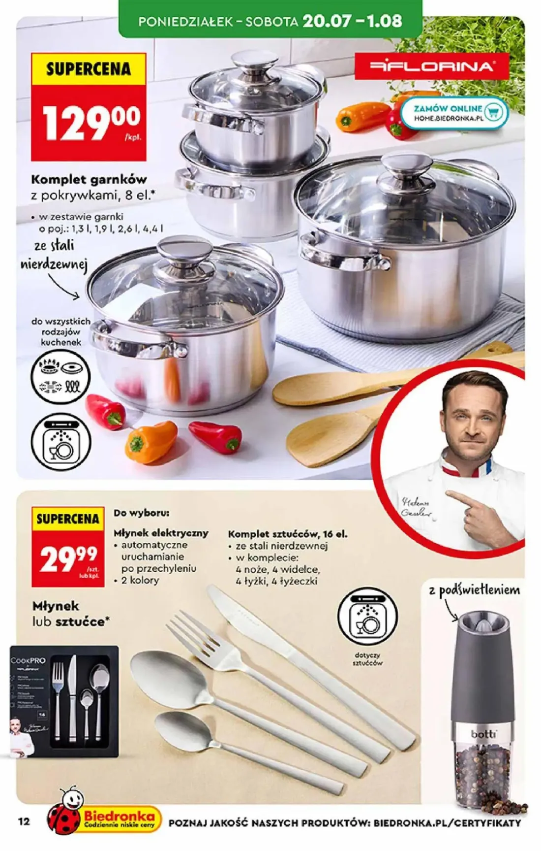 Biedronka gazetka, strona 12 z 44 — Komplet garnków z pokrywkami, 8 el., Młynek elektryczny, Komplet sztućców, 16 el.