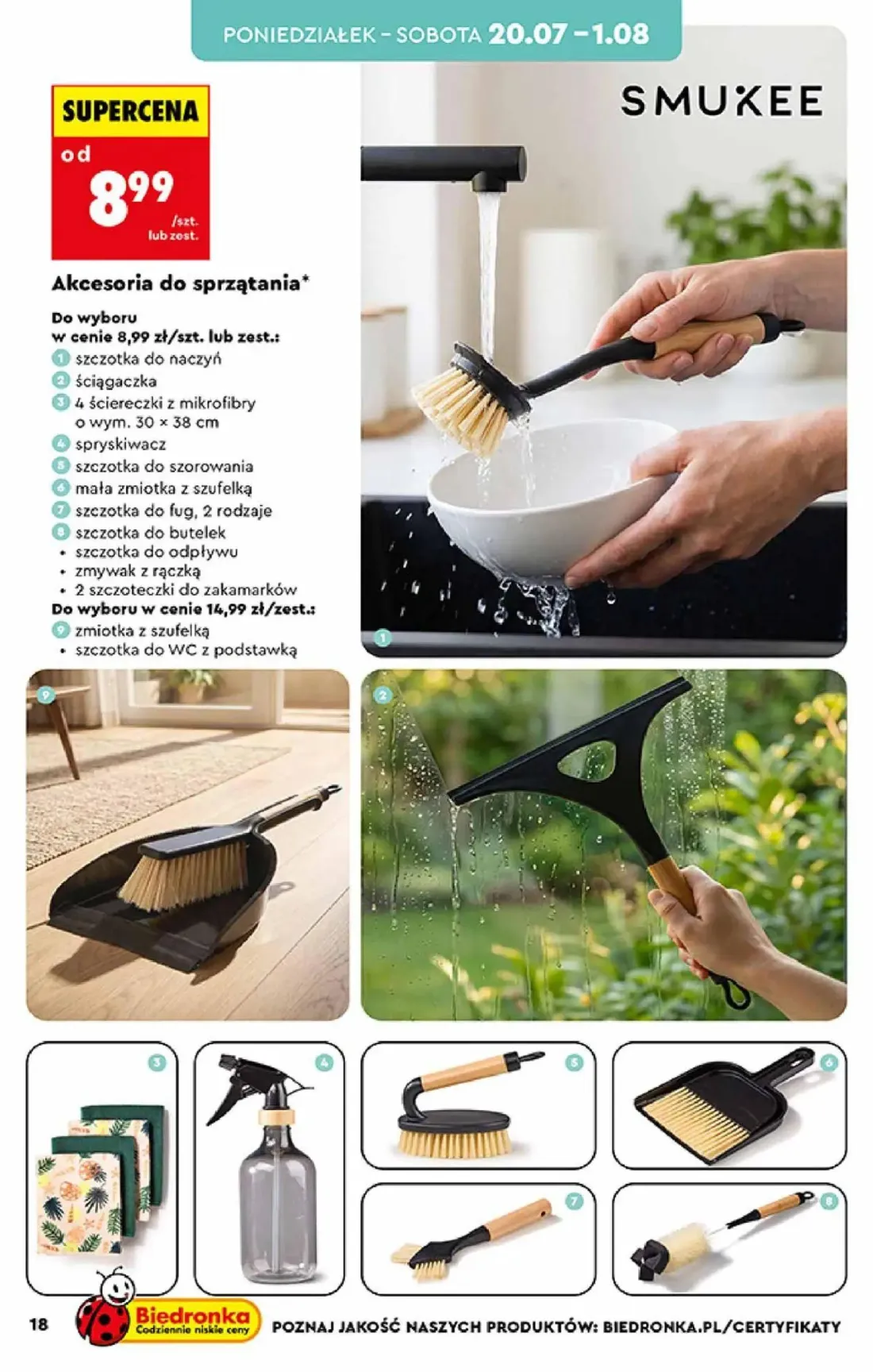 Biedronka gazetka, strona 18 z 44 — szczotka do naczyń, ściągaczka, 4 ściereczki z mikrofibry o wym. 30 x 38 cm