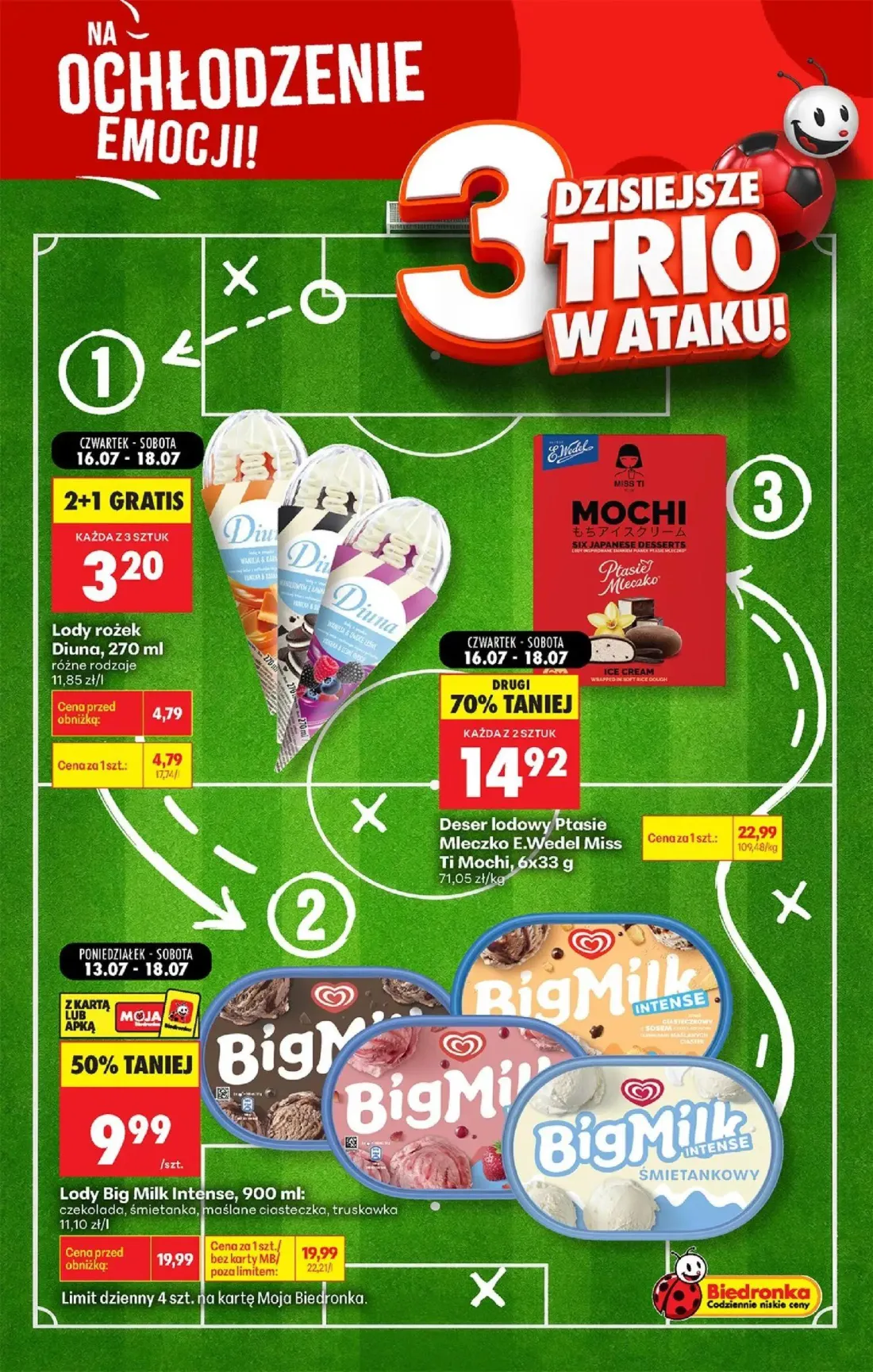 Biedronka gazetka, strona 8 z 9 — Lody Big Milk Intense, Deser lodowy Ptasie Mleczko E.Wedel Miss Ti Mochi, Lody rożek Diuna