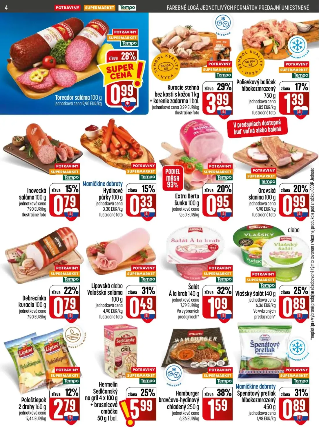 Coop Jednota leták, strana 4 z 28 — Toreador saláma, Kuracie stehná bez kosti s kožou, Inovecká saláma