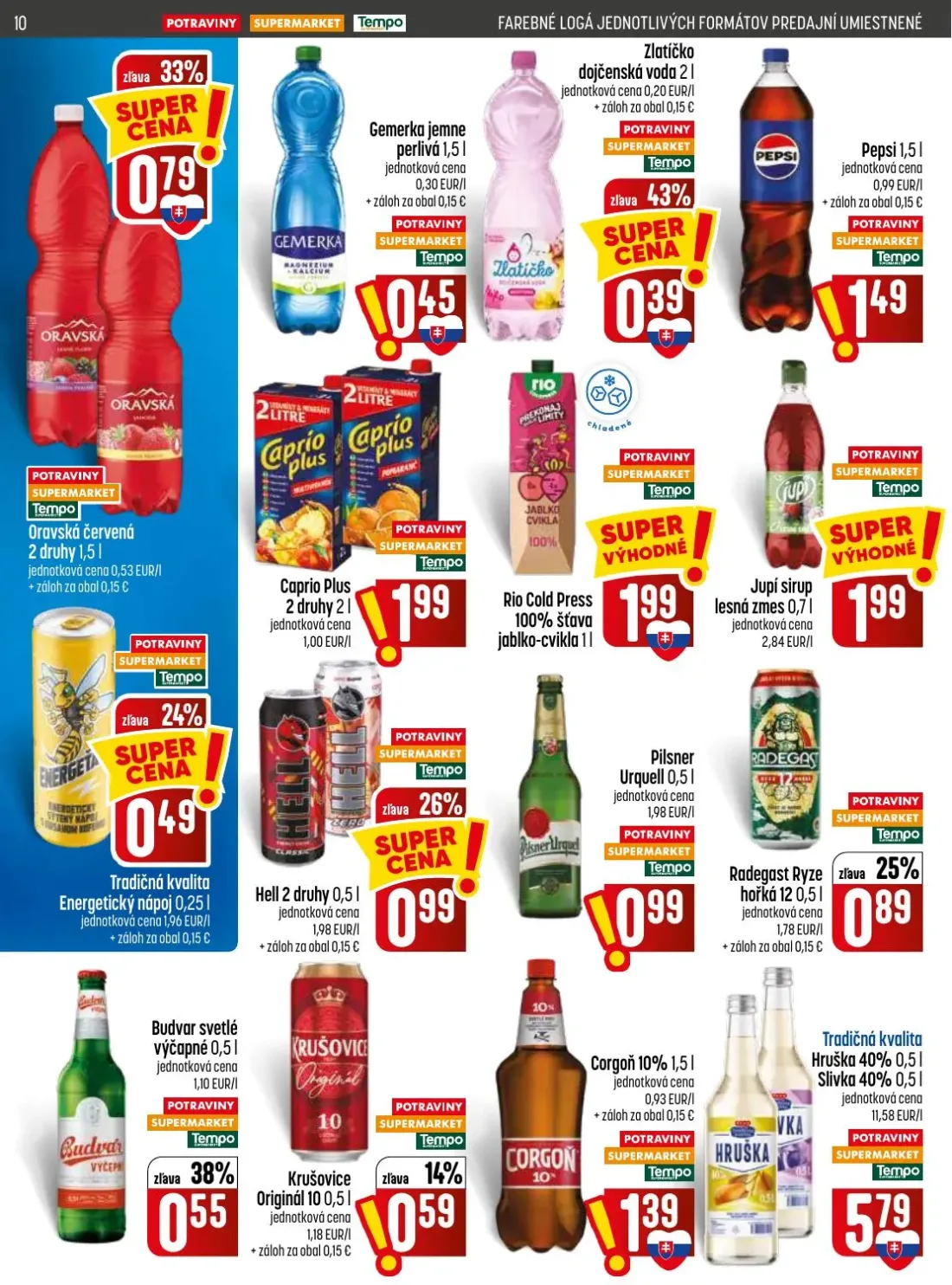 Coop Jednota leták, strana 10 z 28 — Gemerka jemne perlivá, Zlatíčko dojčenská voda, Pepsi