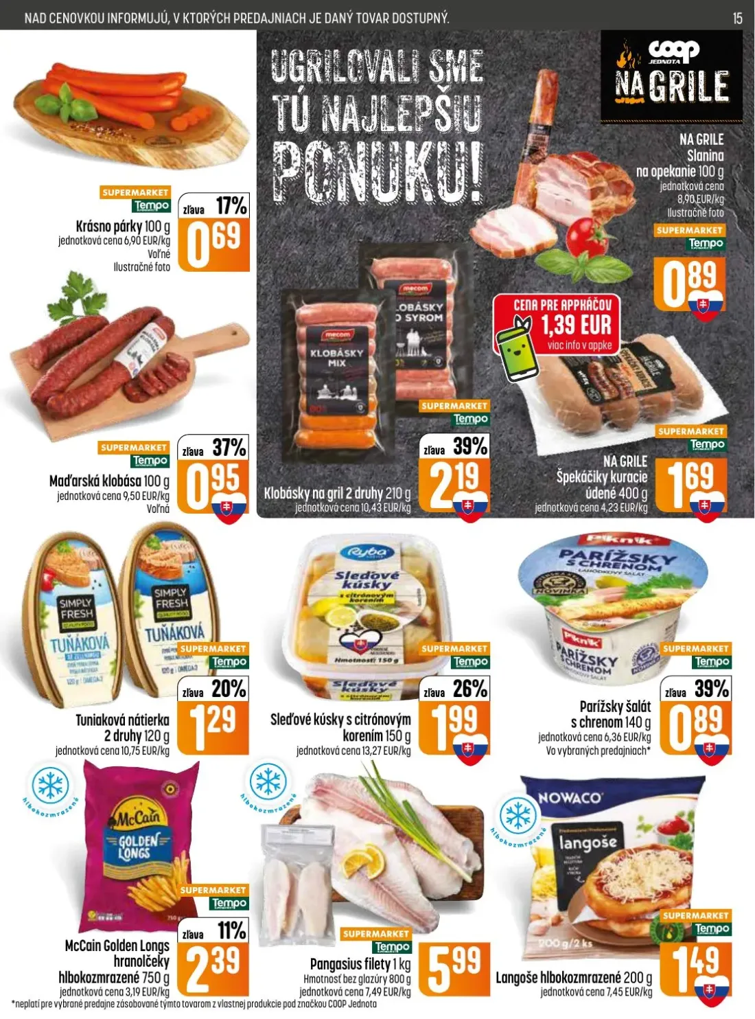 Coop Jednota leták, strana 15 z 28 — Krásno párky, Klobásky na gril, Slanina na opekanie