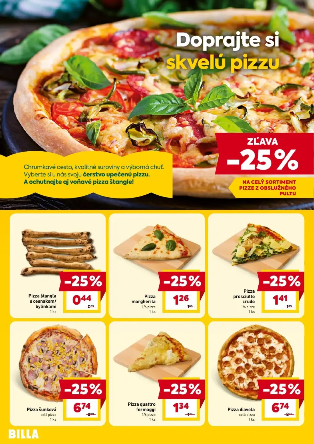 Billa leták, strana 2 z 4 — Pizza šunková, Pizza diavola, Pizza prosciutto crudo