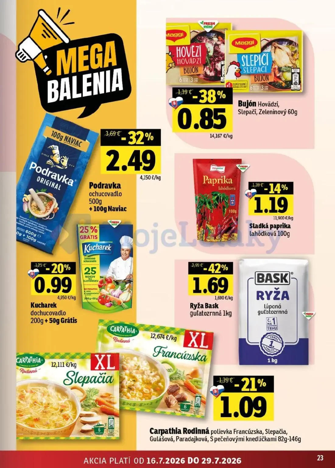Fresh východ leták, strana 23 z 54 — Ryža Bask guľatozrnná, Podravka ochucovadlo, Bujón Hovädzí, Slepačí, Zeleninový